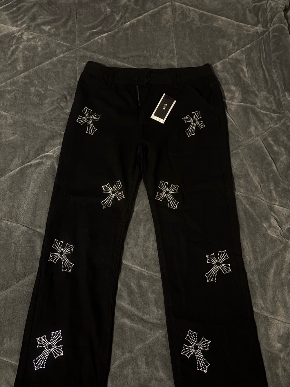 Men's Black Relaxed Jeans with Studded Cross Details